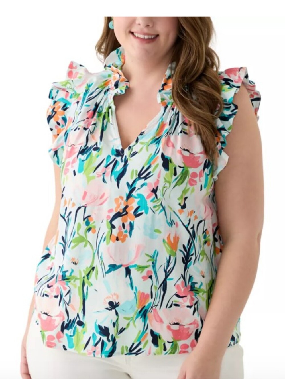 NWOT Crown & Ivy Sz 4X Floral Ruffle V-Neck Rayon Sleeveless Top - White/Pastel